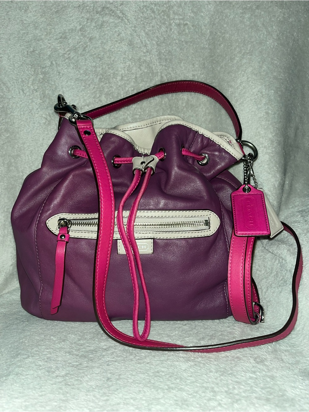 Coach Purple & Hot Pink Leather Drawstring Shoulder Bag